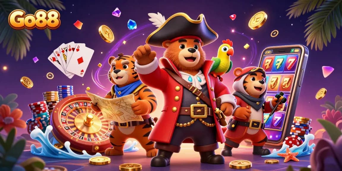 Experience the excitement of Go88 with a vibrant animated casino scene featuring playful characters.