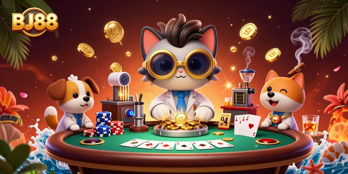 Experience the excitement of BJ88 through a vibrant 3D illustration of a casino scene featuring poker dynamics.