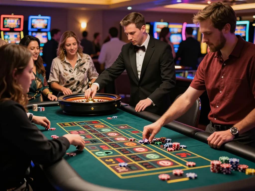 Players engaged at a roulette table in the vibrant DH 88 casino atmosphere, capturing the thrill of gambling.
