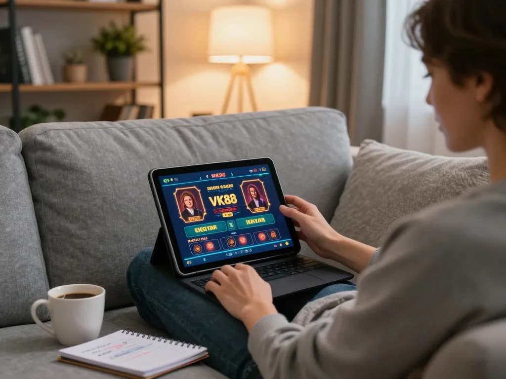 Engaged player enjoying online gaming at VK88 on tablet in a cozy home setting.