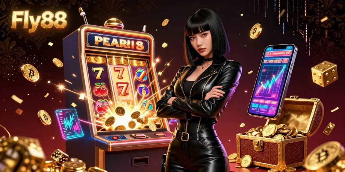 Engage with Fly88's immersive digital casino experience featuring vibrant 3D illustrations of games and exciting rewards.