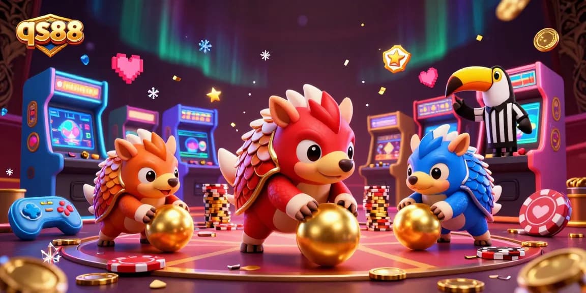 qs88 pangolins bowl through poker chips in an exciting casino-themed scene