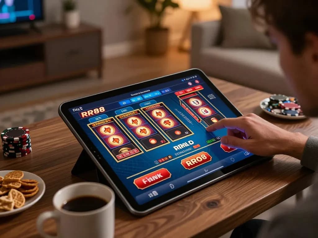 Player engaging with RR88 app for online casino gameplay, capturing excitement and strategic decision-making