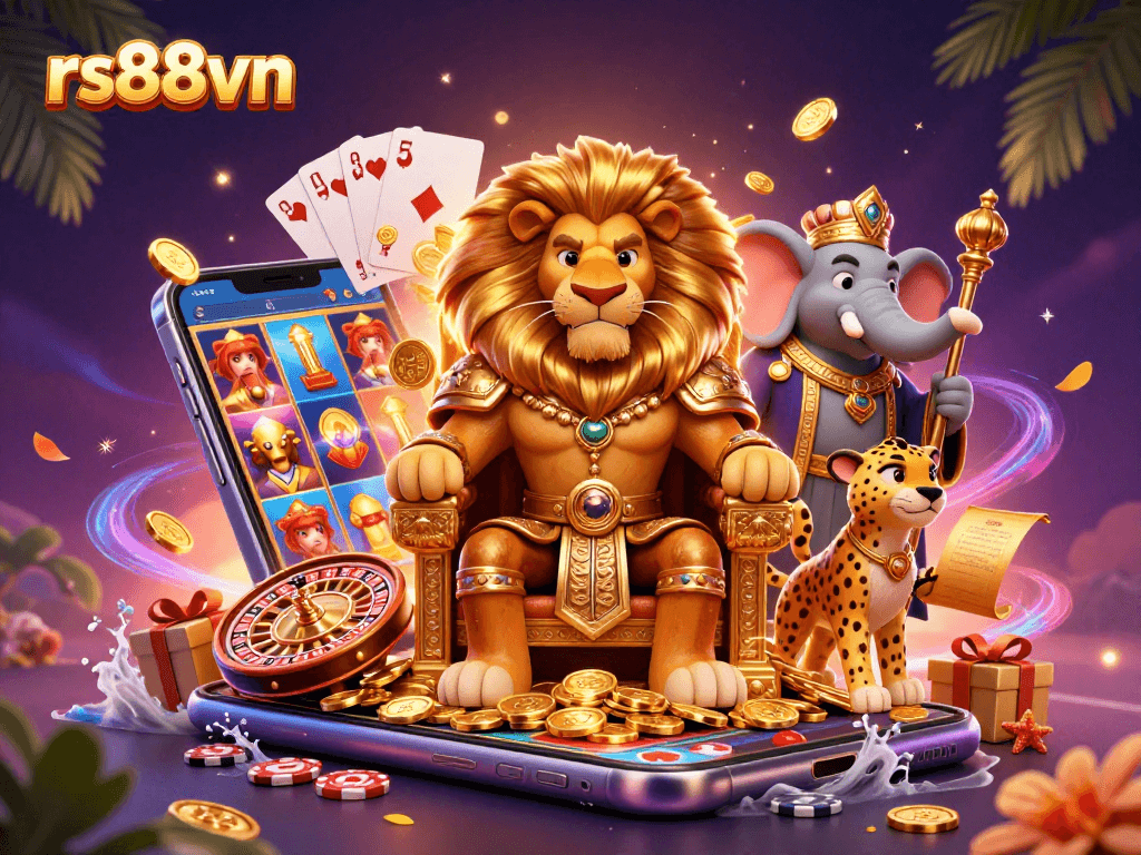 Experience the excitement at rs88vn with vibrant slot games and dynamic casino elements in this lively illustration.
