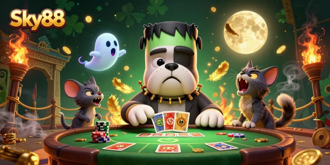 Experience thrilling gaming at Sky88 with colorful characters battling at the casino.