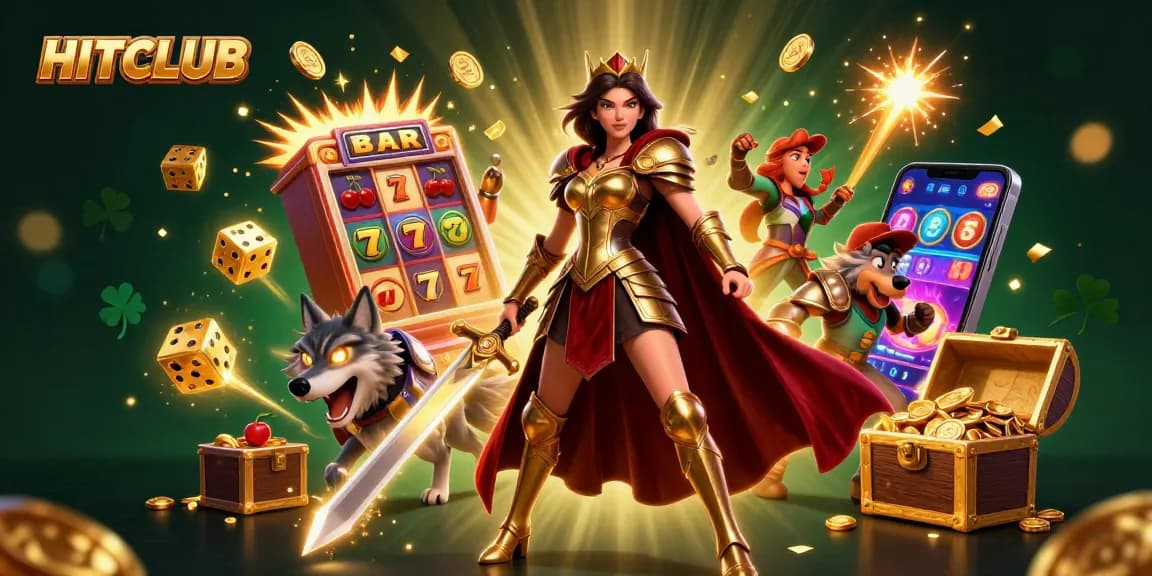 Play and win at HITCLUB with an enchanting warrior queen and a loyal companion amidst vibrant casino elements.