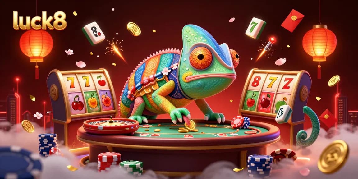 Experience luck8's thrilling casino atmosphere with a vibrant chameleon owner and slot reels.