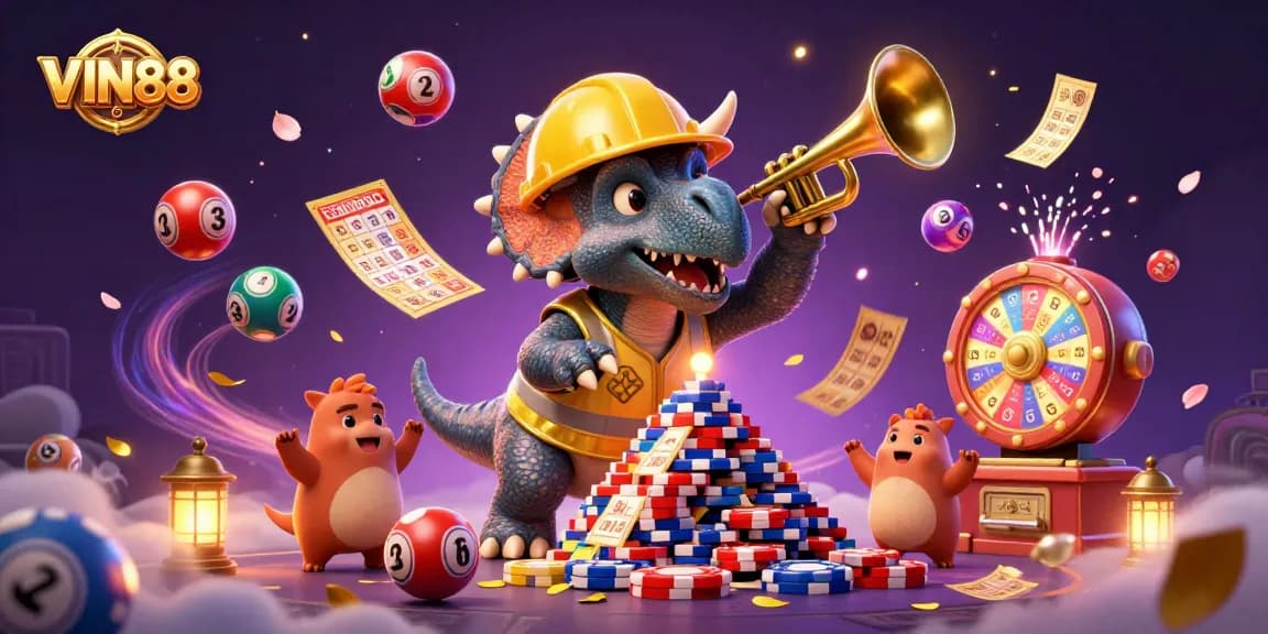 Engage in the excitement of VIN88 with a vibrant 3D illustration showcasing a triceratops celebrating a poker chips pyramid.