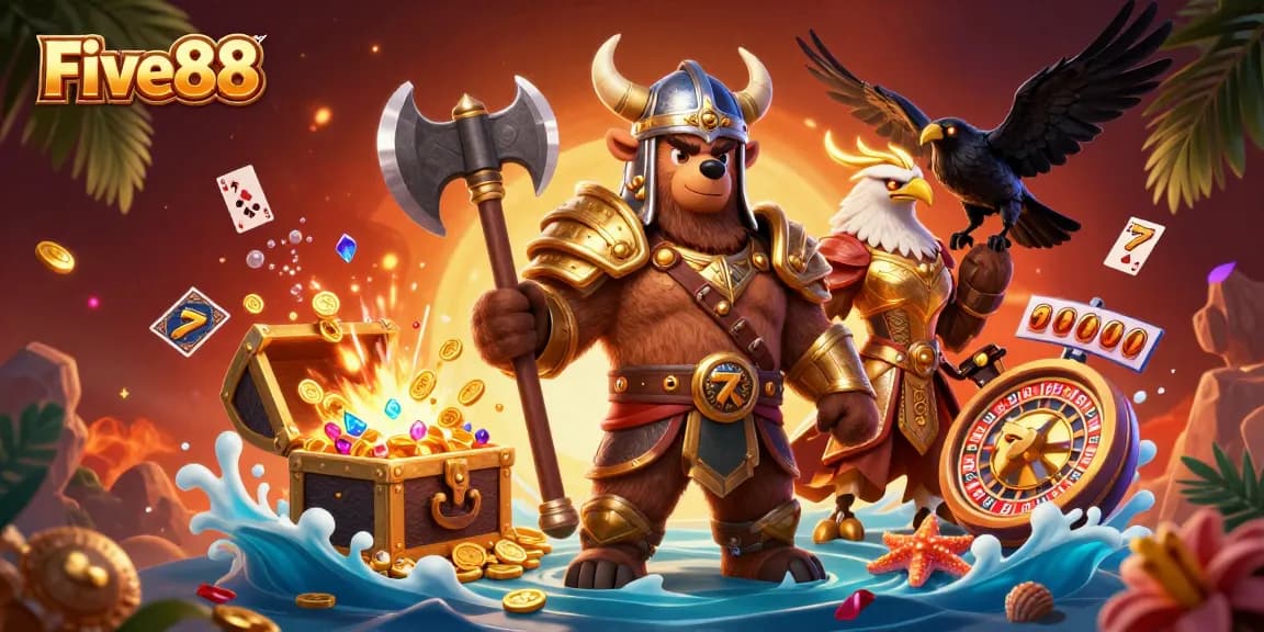 Experience the thrill of Five88's online casino with this vivid 3D illustration, showcasing vibrant gaming elements.