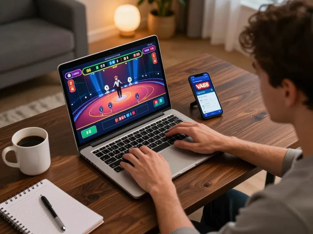 Engaging with VA88 online casino via laptop for a thrilling gaming experience.