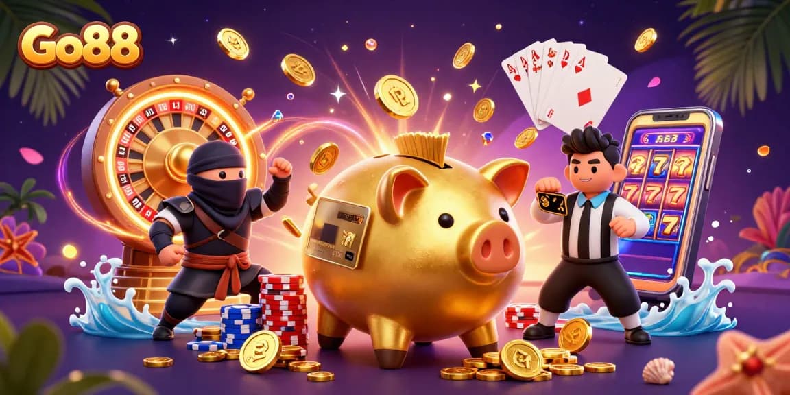 Experience thrilling gaming action at Go88 with festive characters, coins, and casino elements.