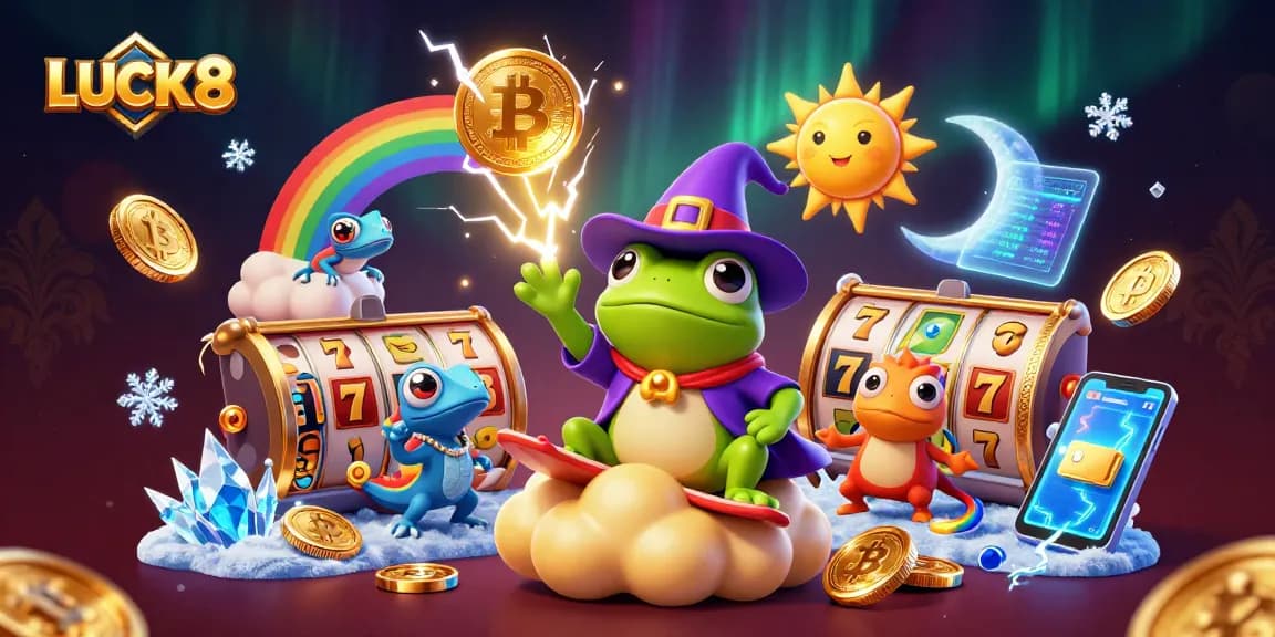 LUCK8 brings excitement to casino gaming with vibrant characters and slot elements in a rich 3D illustration.