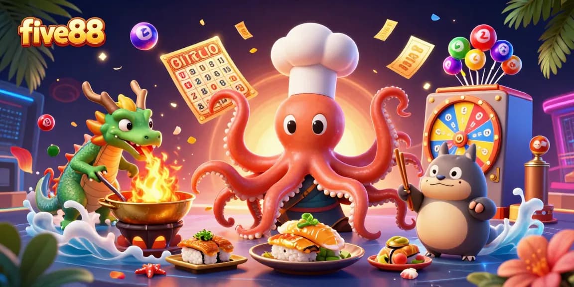 Experience vibrant gambling fun with five88 featuring a dynamic scene of an octopus chef and dragon.