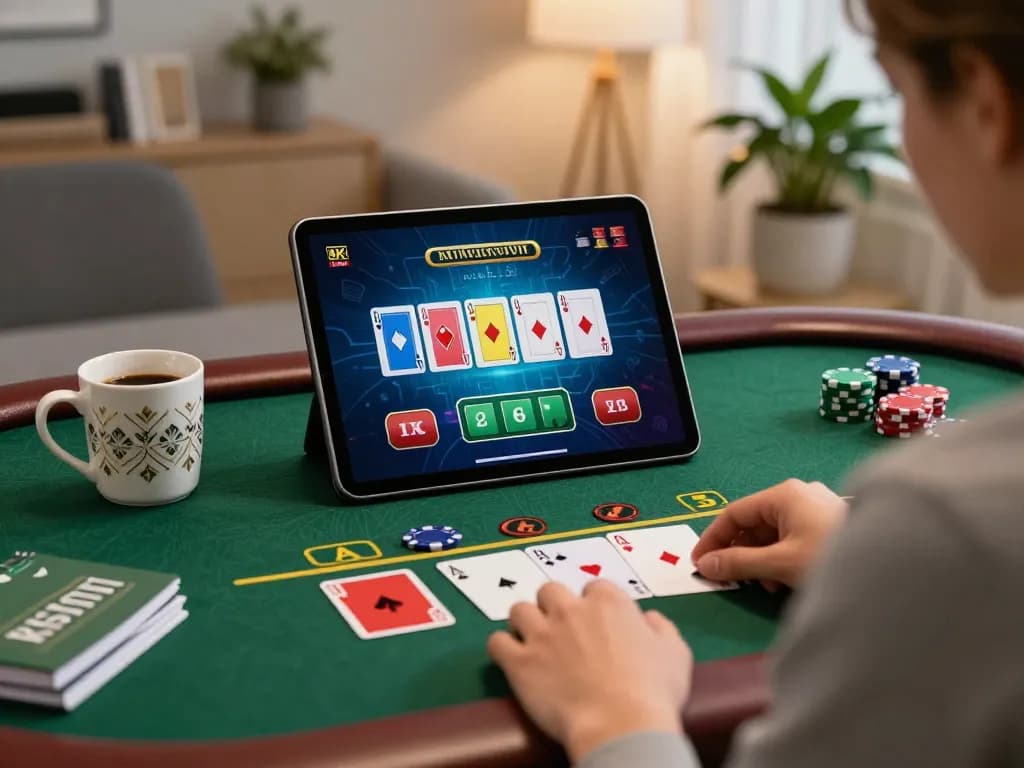 BOM88 user plays live dealer blackjack on a tablet, showcasing engaging gameplay and cozy atmosphere.