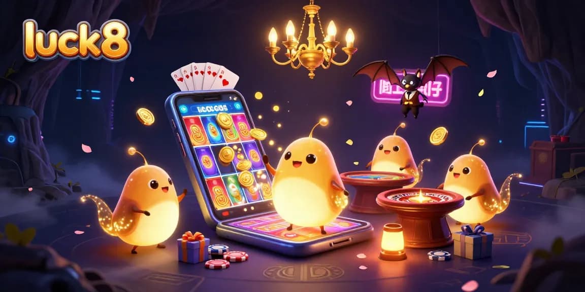Engage with luck8's vibrant online casino excitement through a dazzling glowworm-lit cave scene.