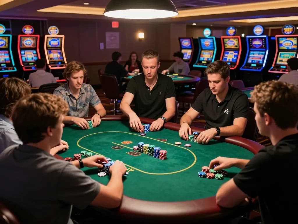 Players competing in a thrilling poker match at hm88 casino, showcasing colorful chips and a dealer.