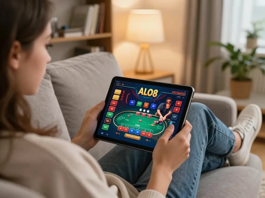 Player using the ALO8 casino app for strategic online gaming in a cozy home setting.