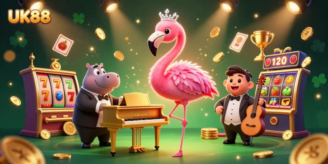 Experience the excitement of UK88 with a vibrant casino scene featuring thrilling slot games and lively characters.
