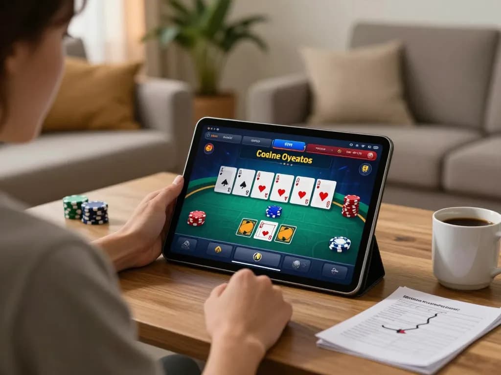 Player enjoying online poker gaming experience at home via xo88s on tablet.