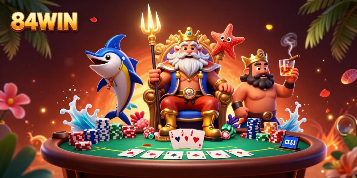 Experience thrilling poker action with 84WIN's vibrant illustration featuring Neptune and samurai gaming elements.