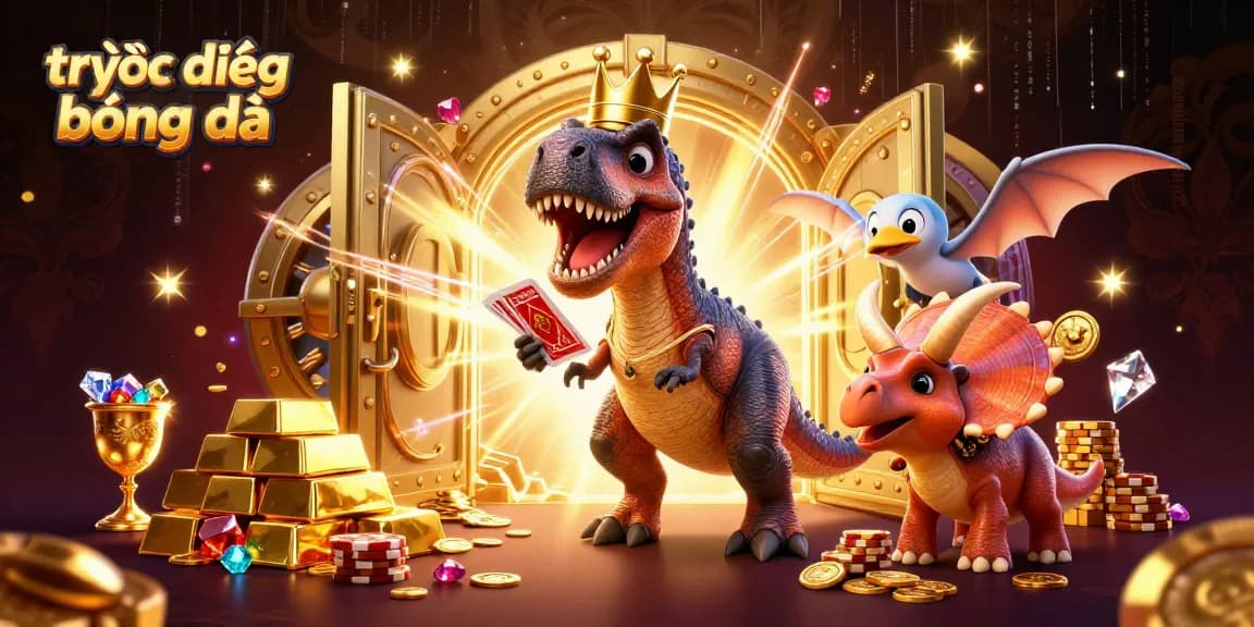 Experience trực tiếp bóng đá action with T-Rex card shuffling and vibrant casino elements in dynamic scene.