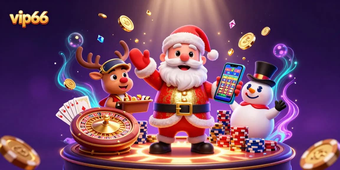 Experience the excitement at vip66 with Santa, a dealer reindeer, and a poker chip snowman!