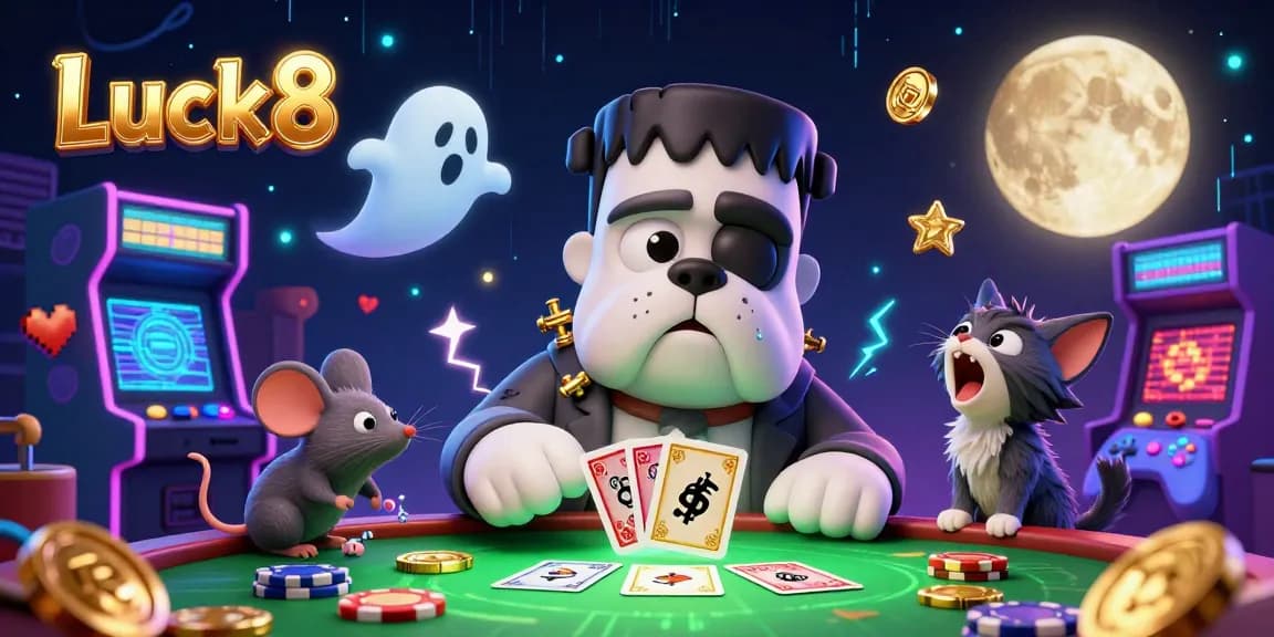 Luck8 thrilling casino scene with a Frankenstein bulldog and ghostly mouse amid vibrant gaming elements.