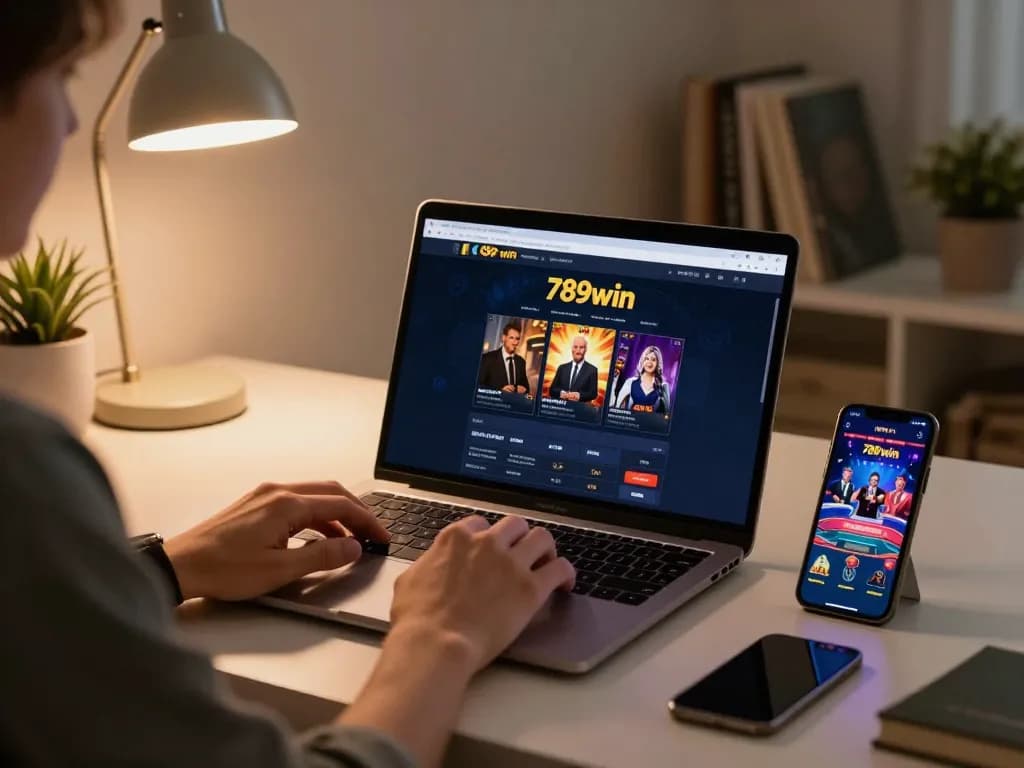 Engaging in online casino games on 789win.com with a sleek laptop setup and cozy atmosphere