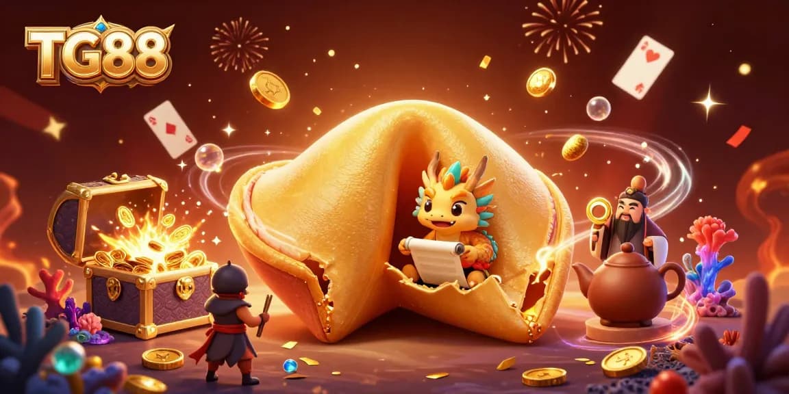 Engage with thrilling games at TG88, featuring vibrant 3D visuals of a golden fortune cookie, dragon, and more.