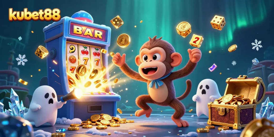 Experience exciting gambling at kubet88 with a lively monkey juggling coins and a puppy tracking it.