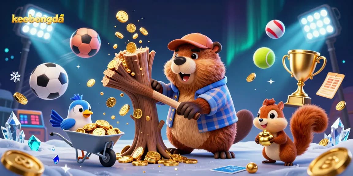 keobongda features dynamic sports betting elements in a vibrant 3D cartoon scene.