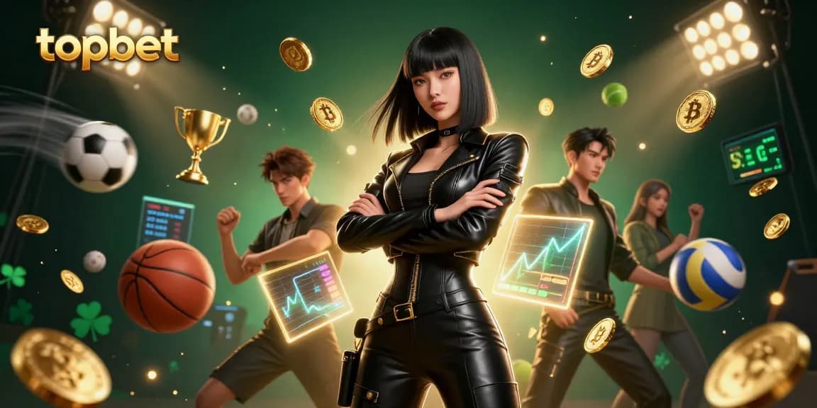 Engaging topbet betting scene with a stunning Asian woman depicting casino excitement and various sports elements.
