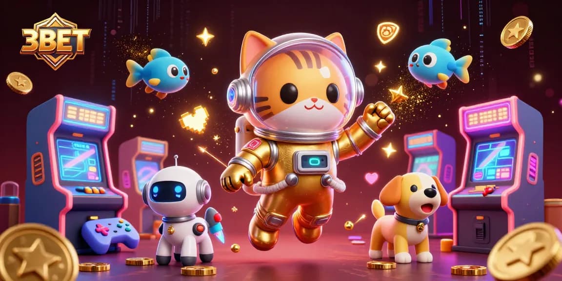 Engage with 3BET in this vibrant 3D illustration featuring a whimsical space cat and robot dog.