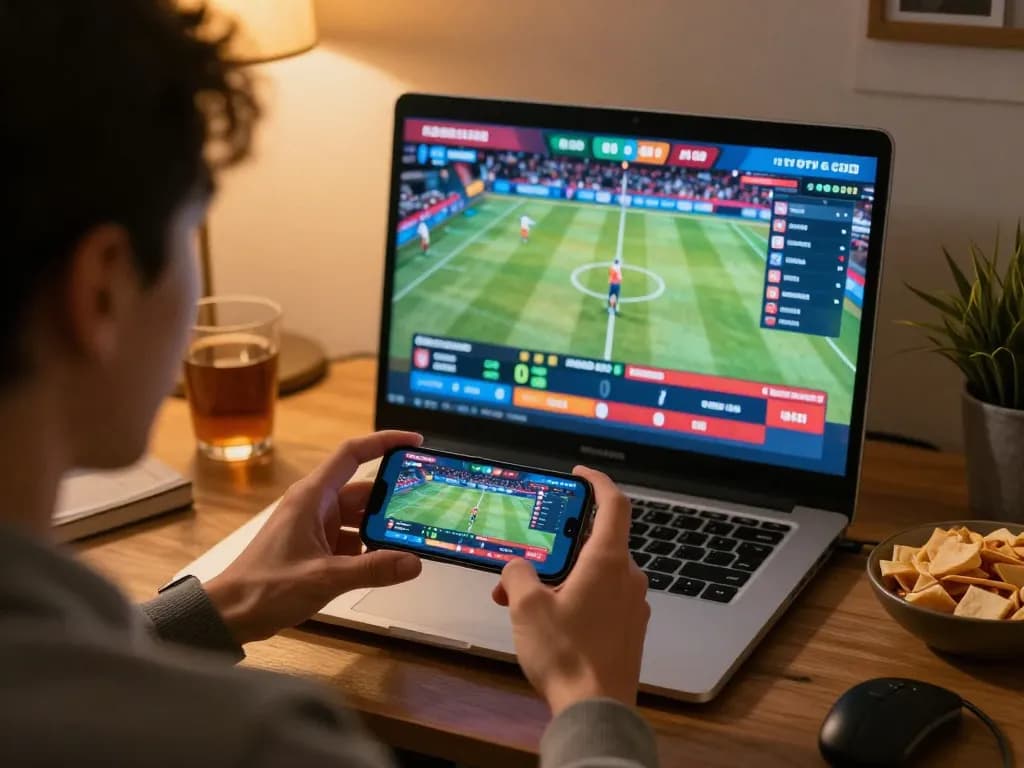 Person engaging with AE 888 sports betting app, smartphone displaying live sports stream and betting interface