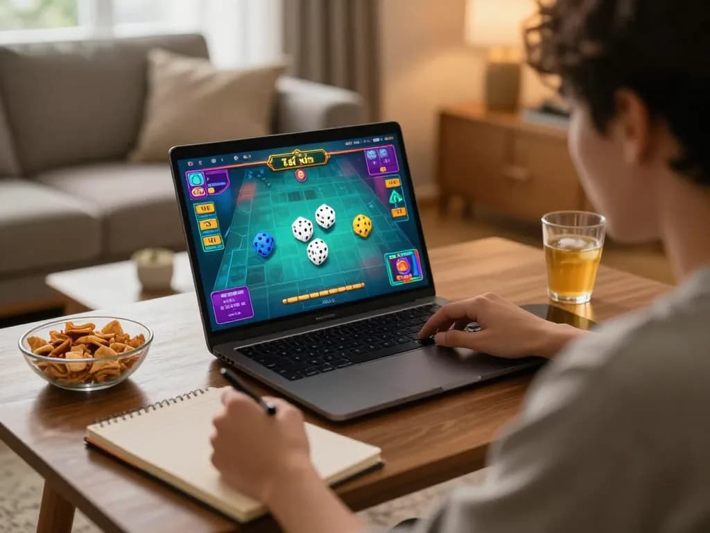 Engaged player focused on tài xỉu online game on laptop in cozy living room.