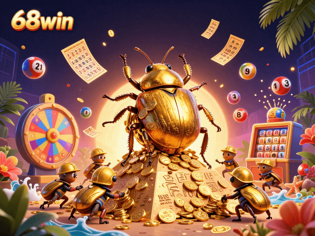 Engage with the thrilling world of 68win through a vibrant 3D illustration showcasing a large golden beetle amidst dynamic gaming elements.
