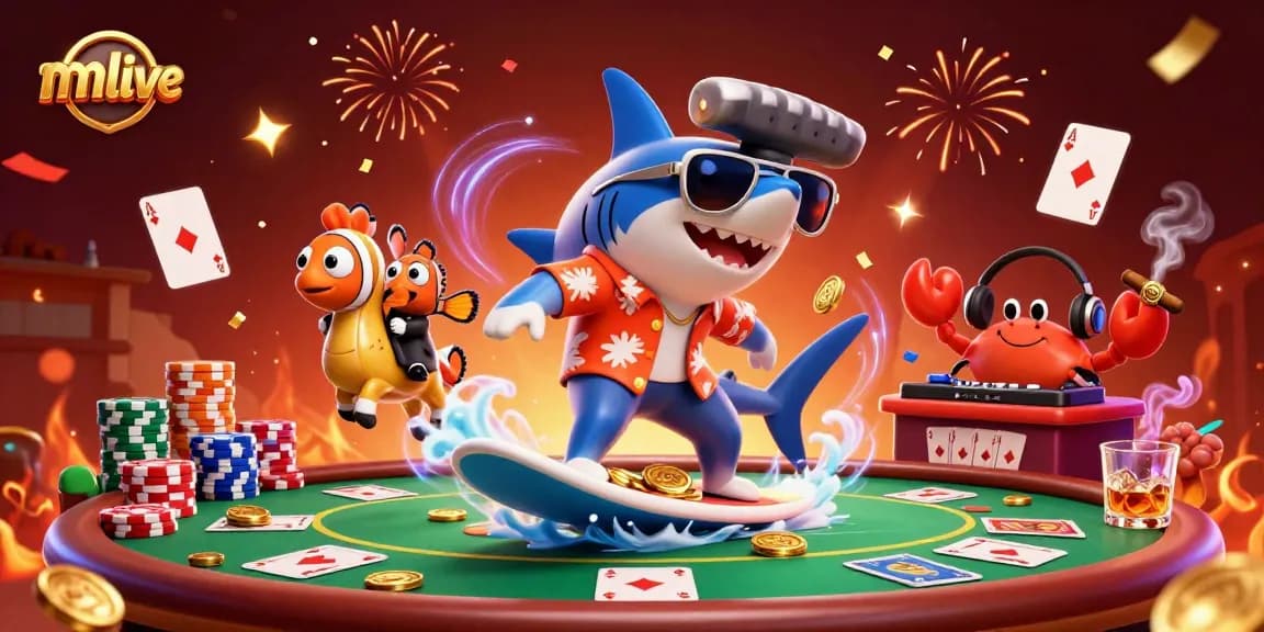Experience exciting mmlive streaming while the shark surfs on gold coins in a vibrant casino scene.