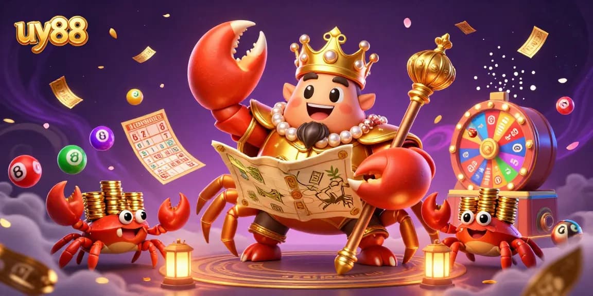 Experience the excitement and rewards of uy88 with a vibrant, dynamic gambling scene featuring a golden crab emperor.