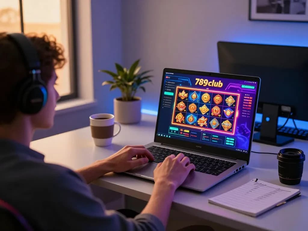Engaging online gaming setup showcasing 789club interface on laptop screen, inviting atmosphere