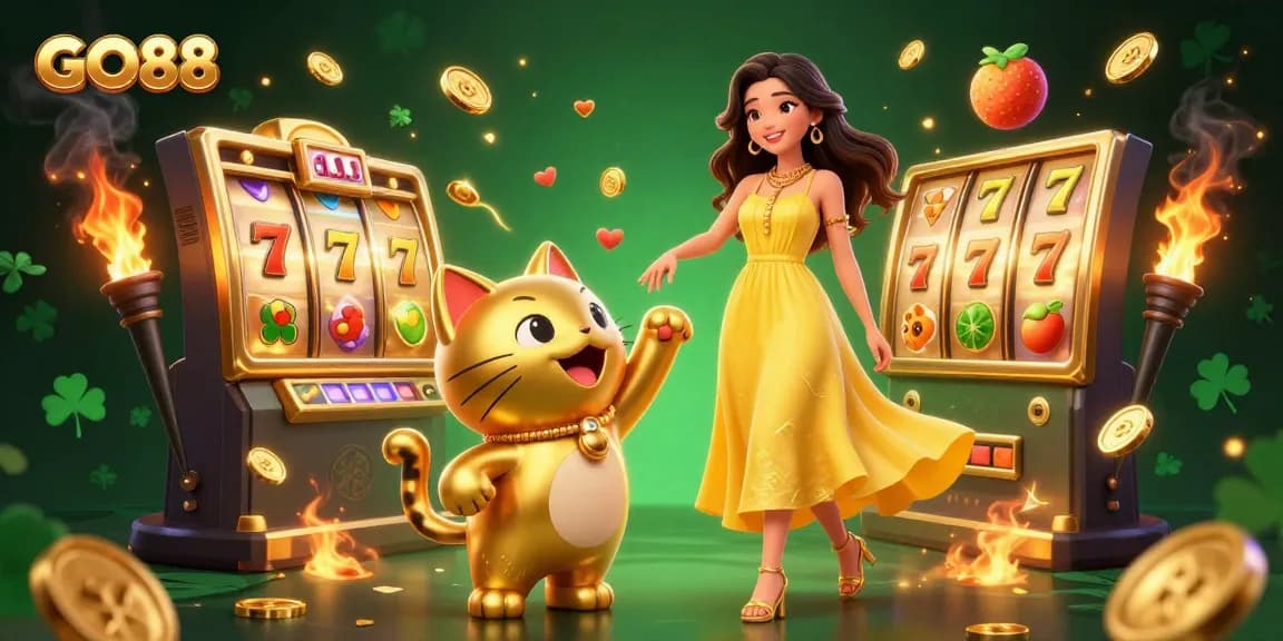 Experience the excitement of GO88 with a cheerful woman and a lucky cat mascot surrounded by dynamic jackpot elements.