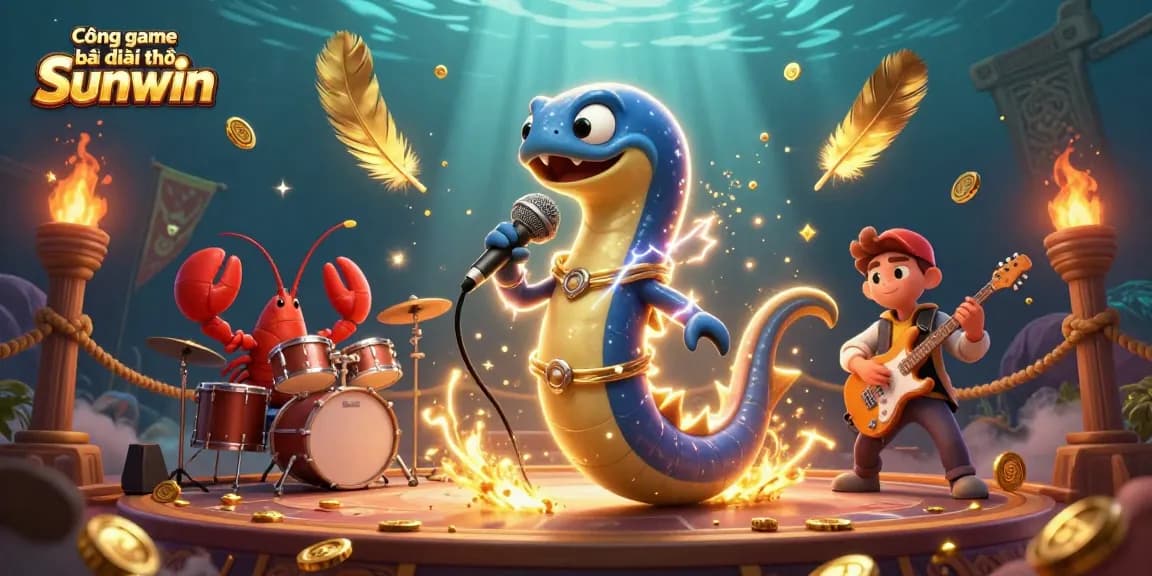 Cổng game bài đổi thưởng Sunwin features an electric eel DJ performing with a lobster drummer and seahorse guitarist in a vibrant underwater casino setting.