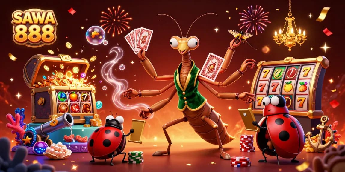 Engage in thrilling gameplay at SAWA 888 with a vibrant casino scene featuring slot reels and dynamic characters.