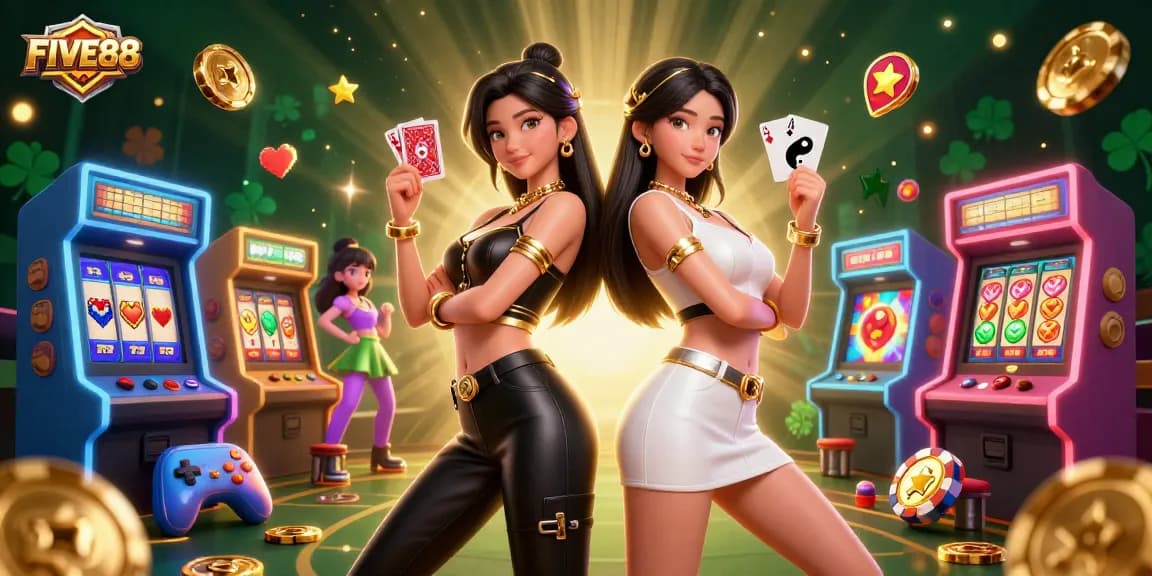 Experience wins with FIVE88 as stunning twin Asian women showcase their winning hands in a vibrant casino.