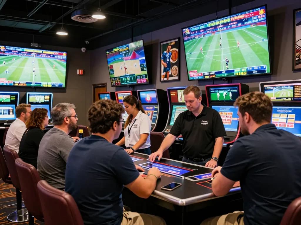 FIVE88 sports betting scene with bettors engaging and big screens showcasing live games, creating an exciting atmosphere.