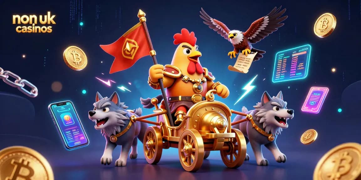 Engage with non UK casinos and navigate vivid gaming landscapes featuring a cartoon rooster warlord.