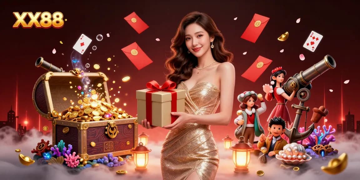 Experience the allure of XX88 online gaming with a festive casino-themed illustration.