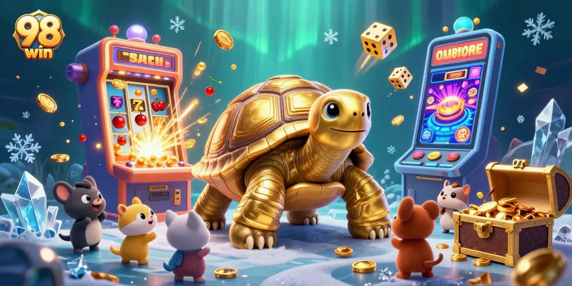 Engage in thrilling gameplay at 98 win, featuring a colossal golden tortoise pinball machine and vibrant casino elements.