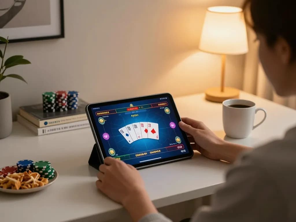 Engaged player using open88ss for online poker on a tablet in a cozy home setting.
