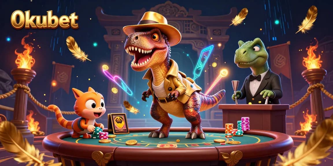 Engage with 0kubet at the blackjack table, featuring a velociraptor card counter and stegosaurus pit boss.