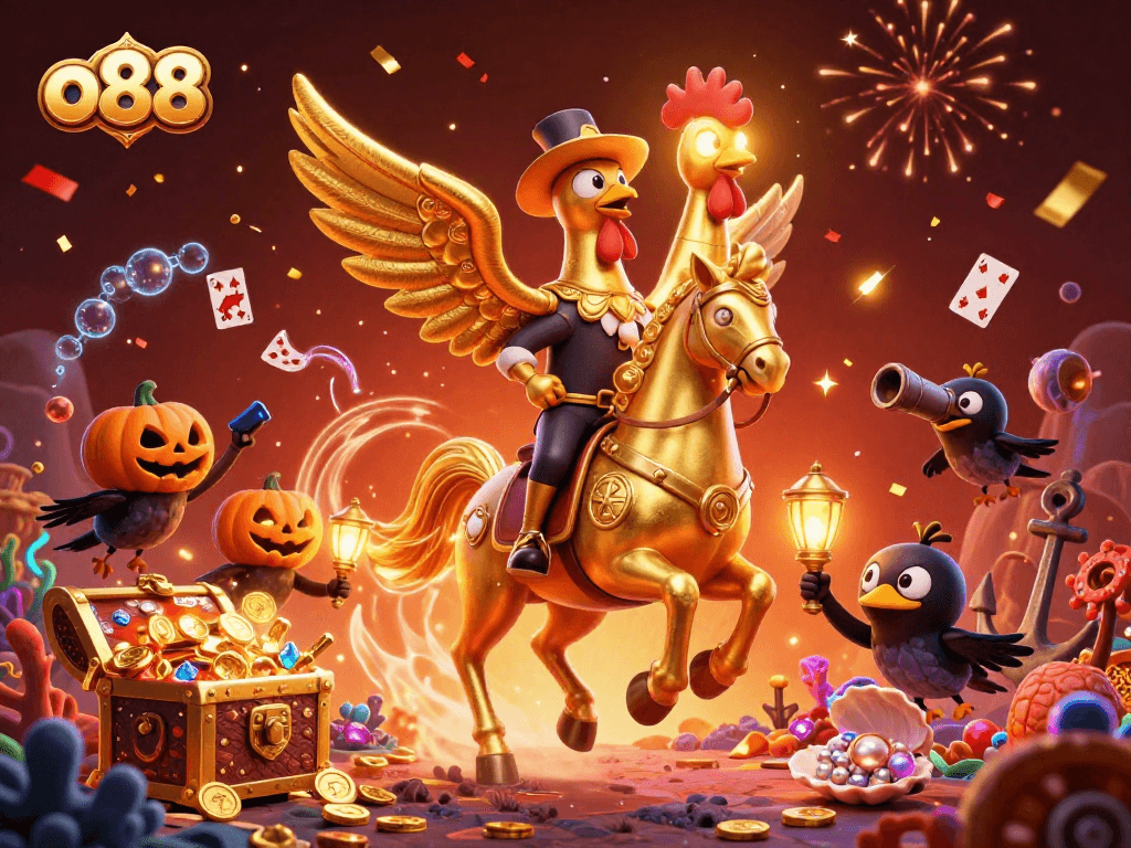 Join the excitement at o88 casino with a golden rooster riding through a vibrant, rich gaming scene.